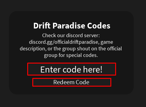 Drift Paradise enter codes box