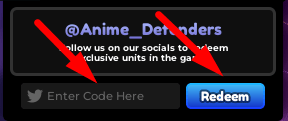 The code redeeming interface in Anime Defenders