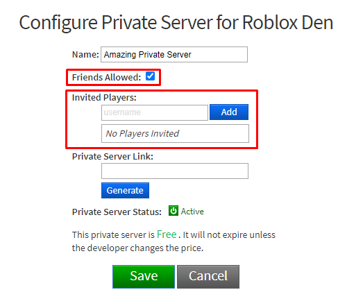Settings to allow or inviting invite friends to a Roblox Private Server