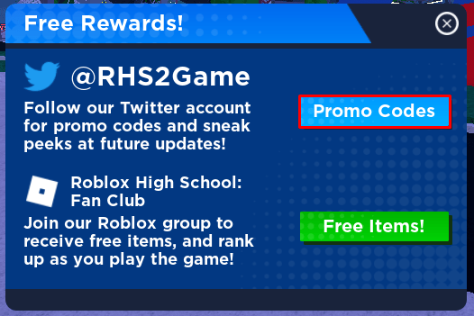 Roblox High School 2 promo codes button