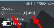 The code redeeming interface in ABD Modded : Rebooted