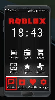Vehicle Simulator phone main menu, with game codes icon highlighted