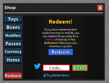 Toy Defenders enter codes box