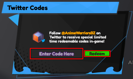 Anime Warriors enter codes box