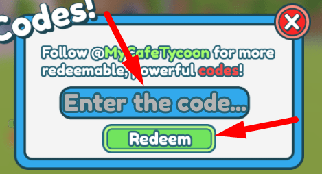 The Code redeeming interface in My Cafe Tycoon