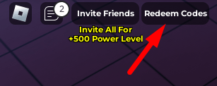 The Redeem Codes button in Every Second You Get +1 Power Level