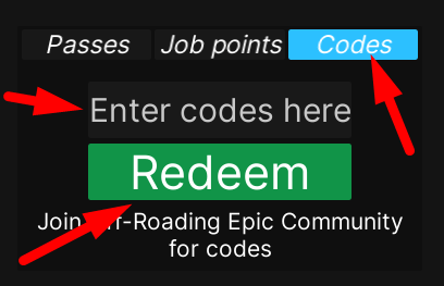 The code redeeming interface in Off-Roading Epic