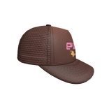 SIDEWAYS EV!L TRUCKER CAP -- BROWN / PINK